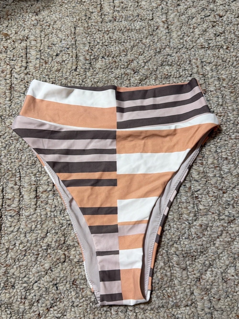aerie High-Waist Colorblock Striped Bikini Bottoms in Peach, White & Brown